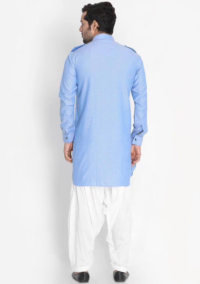 Blue Solid Pathani Kurta Set For Men