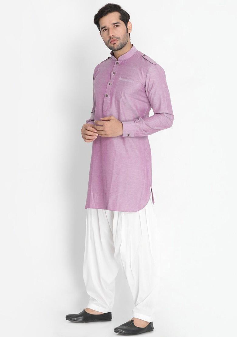 Purple Solid Pathani Kurta Set For Men