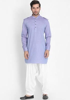 Blue Solid Pathani Kurta Set For Men