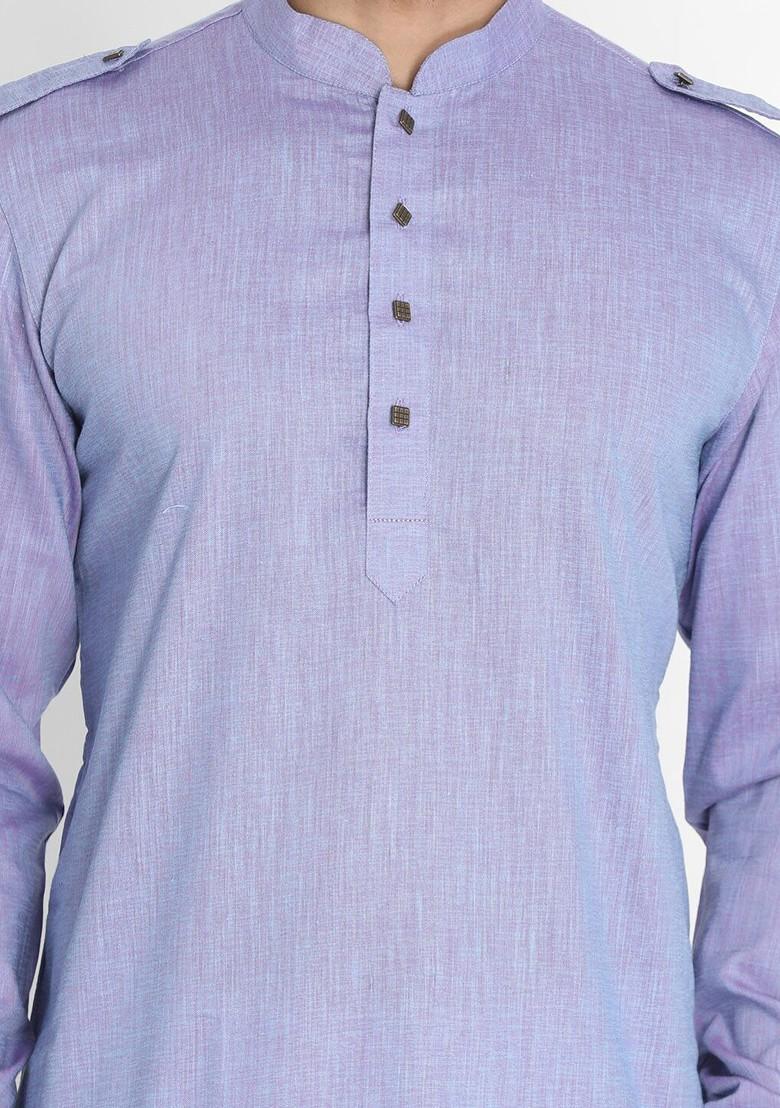 Blue Solid Pathani Kurta Set For Men