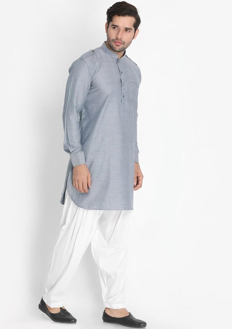 Grey Solid Pathani Kurta Set For Men