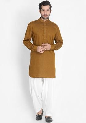 Coffee Brown Solid Pathani Kurta Set For Men