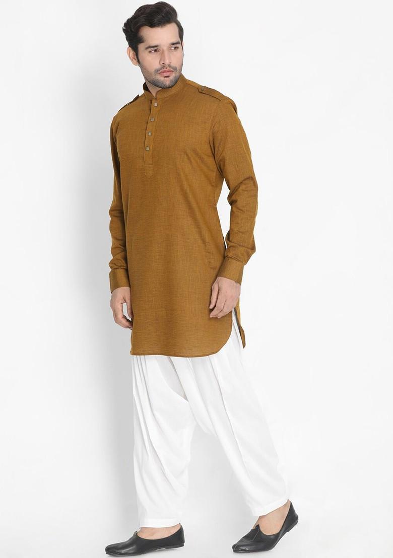 Coffee Brown Solid Pathani Kurta Set For Men