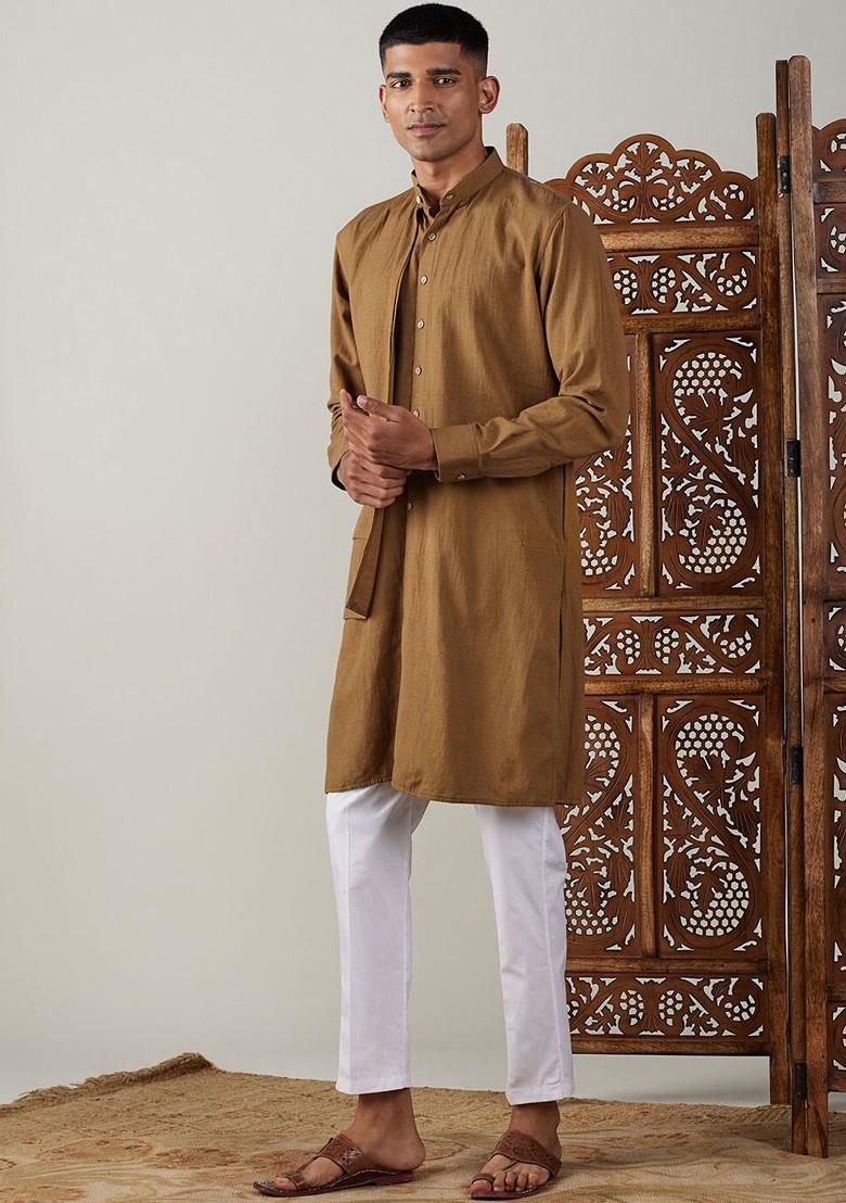 Coffee Brown Solid Cotton Kurta Set For Men