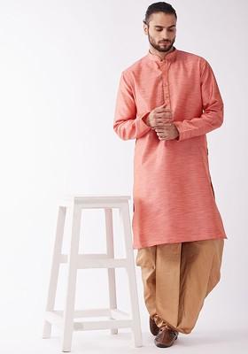 Pink Embroidered Poly Blend Kurta Set For Men