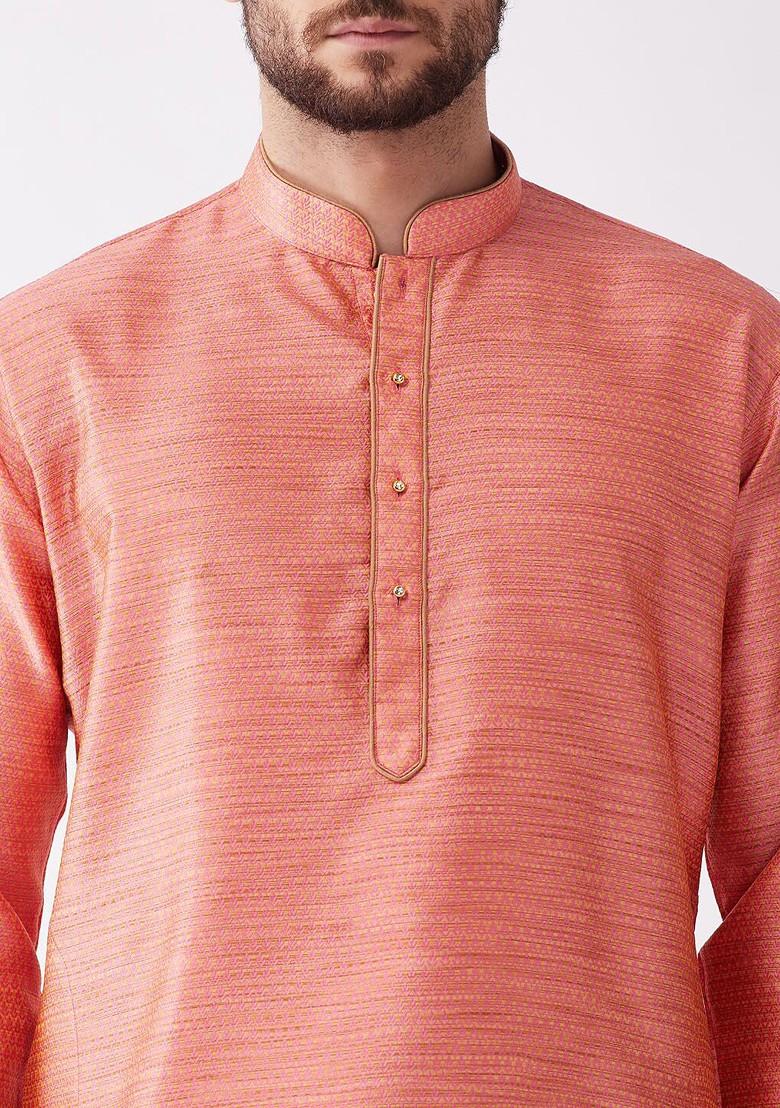 Pink Embroidered Poly Blend Kurta Set For Men