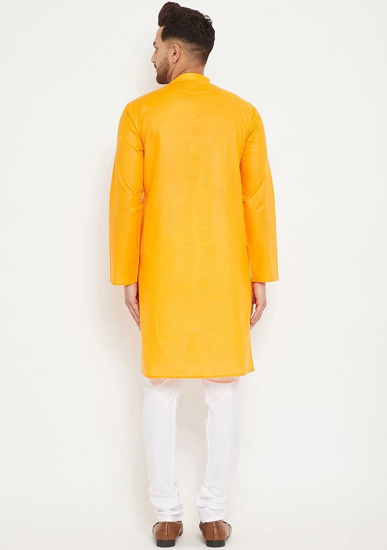 Orange Solid Poly Blend Kurta Set For Men