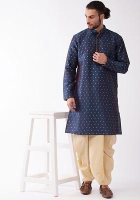 Blue Woven Poly Blend Kurta Set For Men