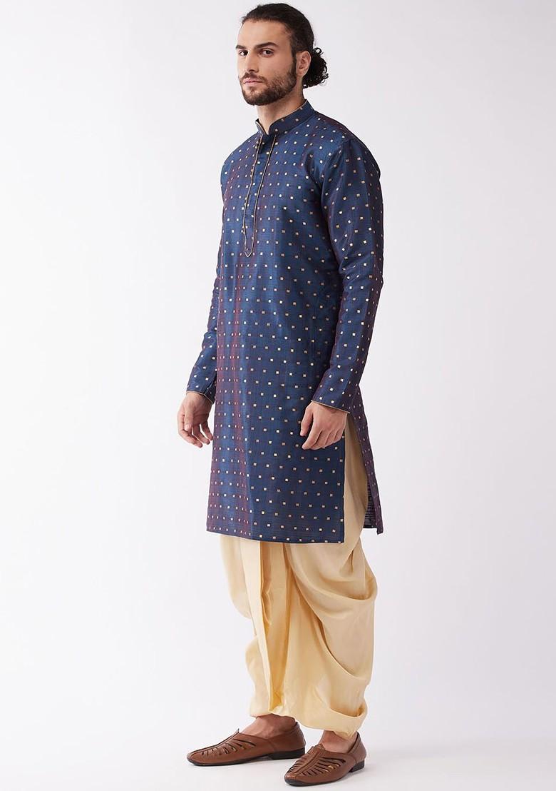 Blue Woven Poly Blend Kurta Set For Men