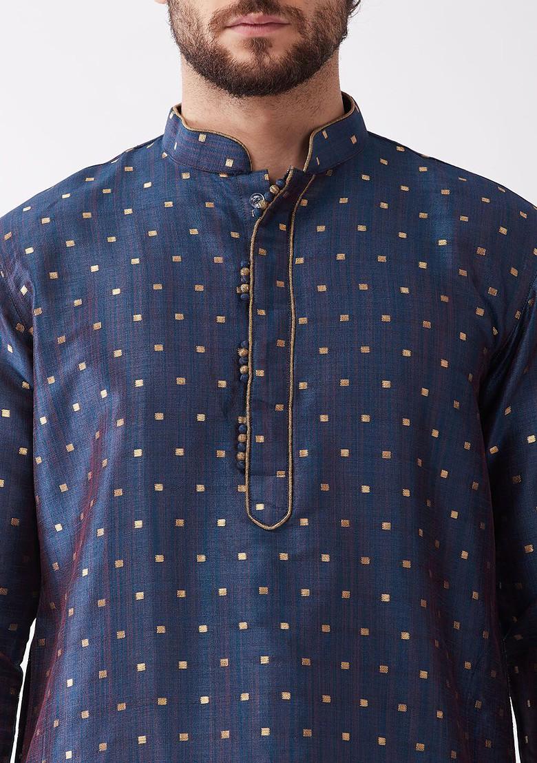 Blue Woven Poly Blend Kurta Set For Men