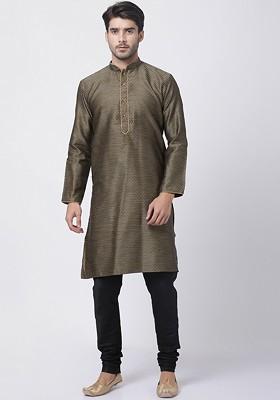 Black Woven Poly Blend Kurta Set For Men