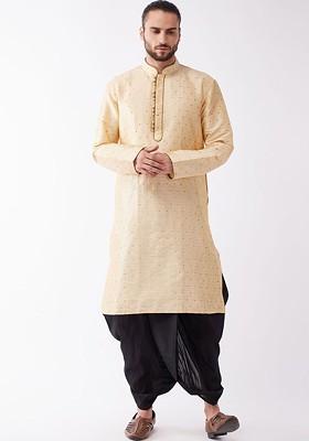 Gold Woven Poly Blend Kurta Set For Men