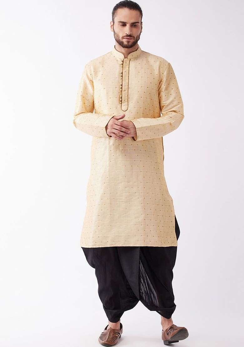 Gold Woven Poly Blend Kurta Set For Men - Indya