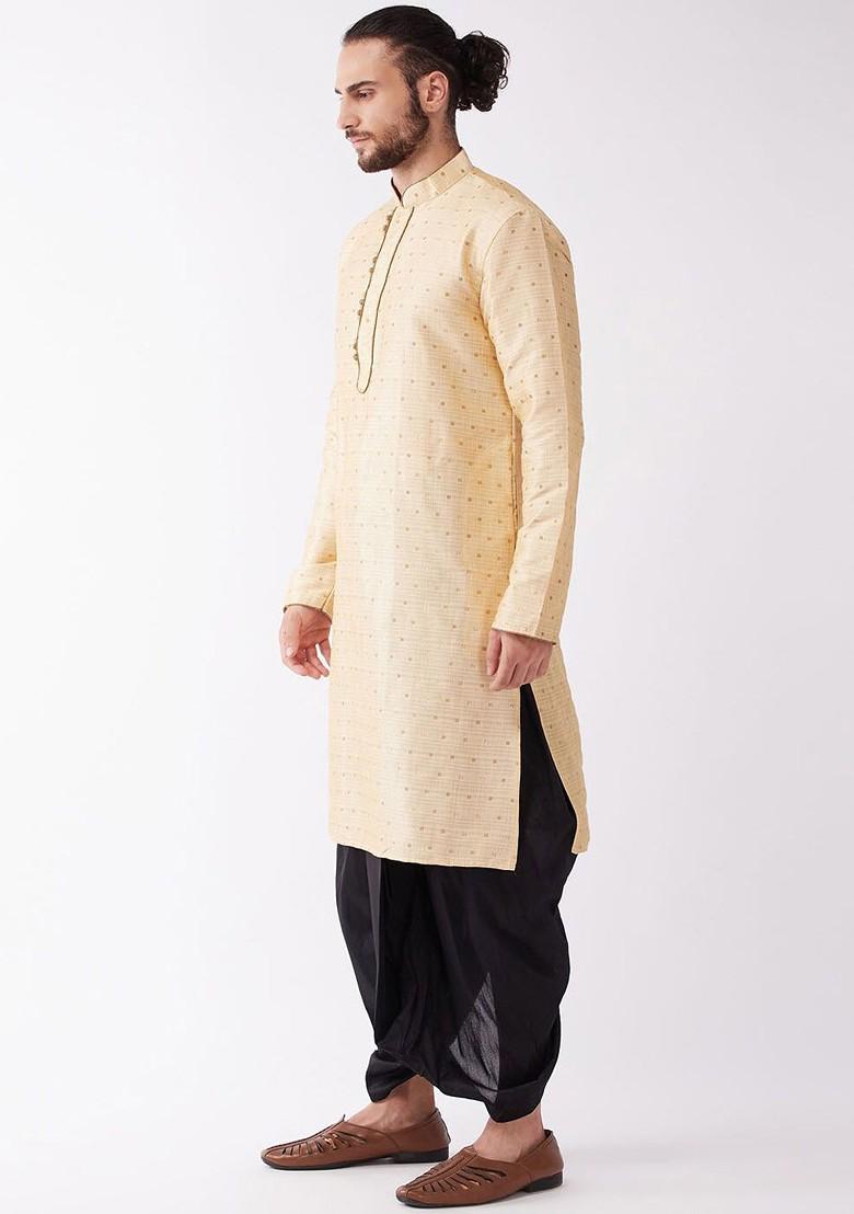 Gold Woven Poly Blend Kurta Set For Men