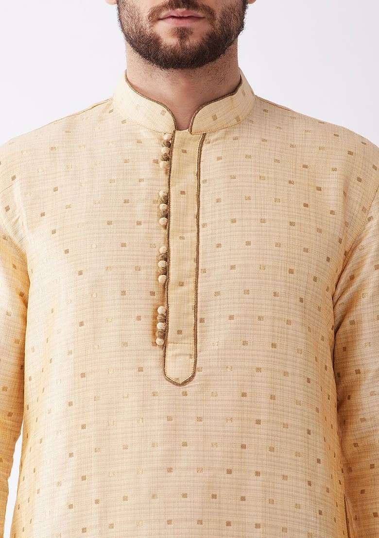 Gold Woven Poly Blend Kurta Set For Men - Indya