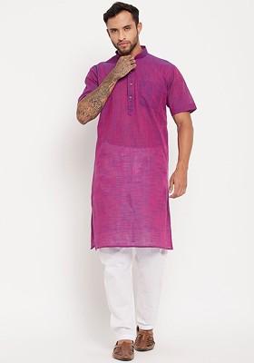 Purple Solid Cotton Kurta Set For Men