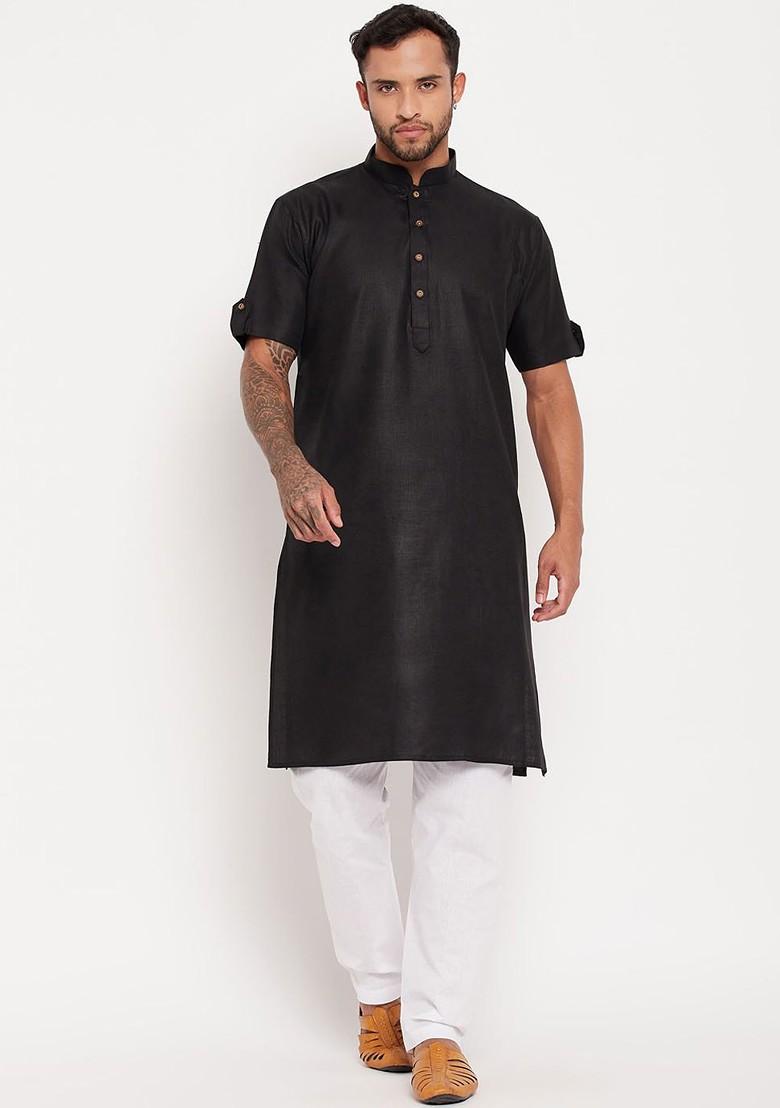 Black Solid Poly Blend Kurta Set For Men
