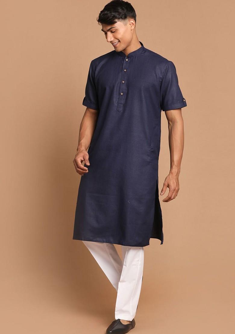 Navy Blue Solid Poly Blend Kurta Set For Men