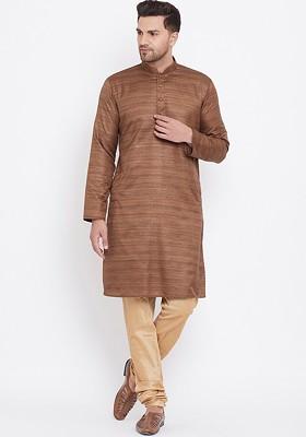 Coffee Brown Striped Poly Blend Kurta Set For Men