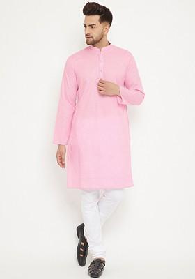 Pink Solid Poly Blend Kurta Set For Men