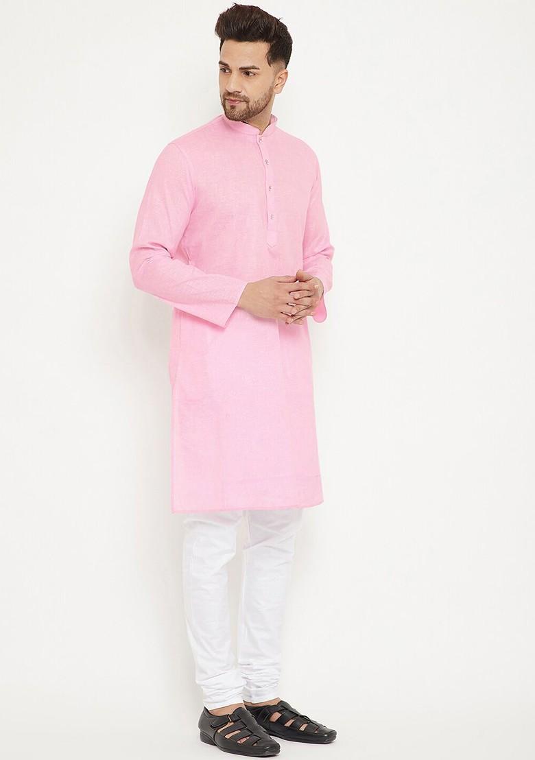 Pink Solid Poly Blend Kurta Set For Men