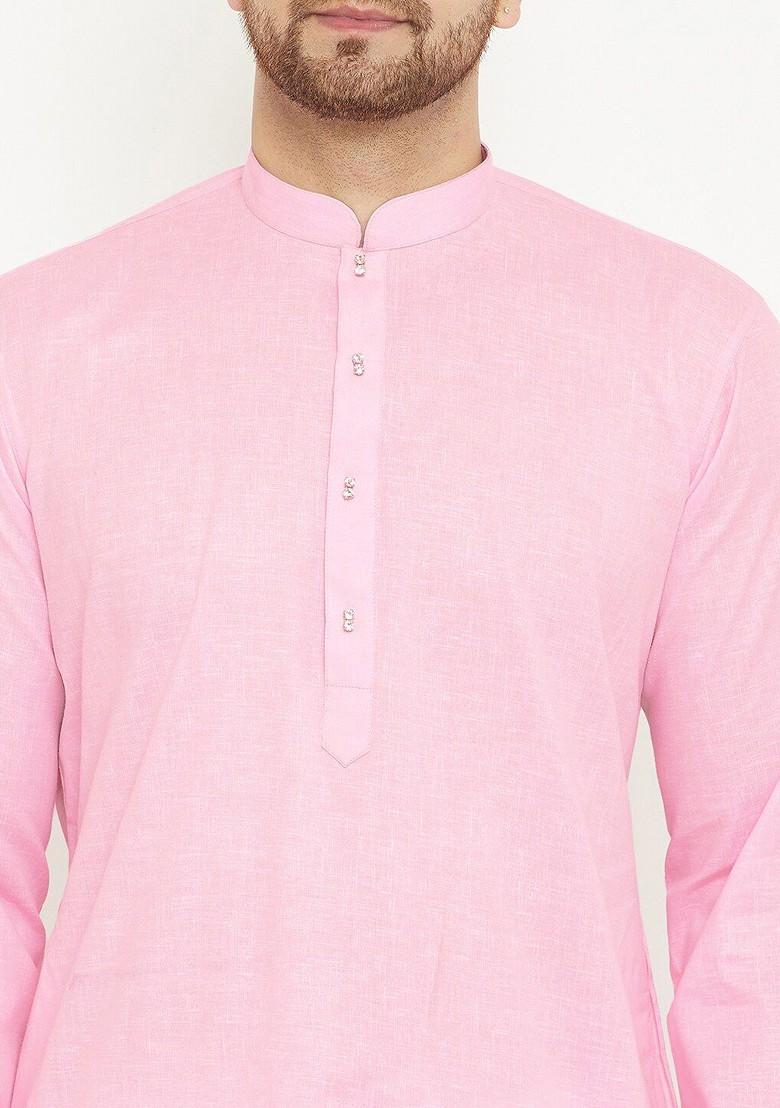 Pink Solid Poly Blend Kurta Set For Men