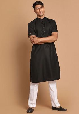 Black Solid Poly Blend Kurta Set For Men