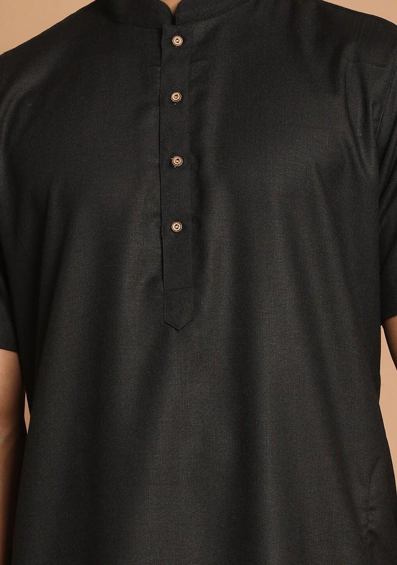 Black Solid Poly Blend Kurta Set For Men
