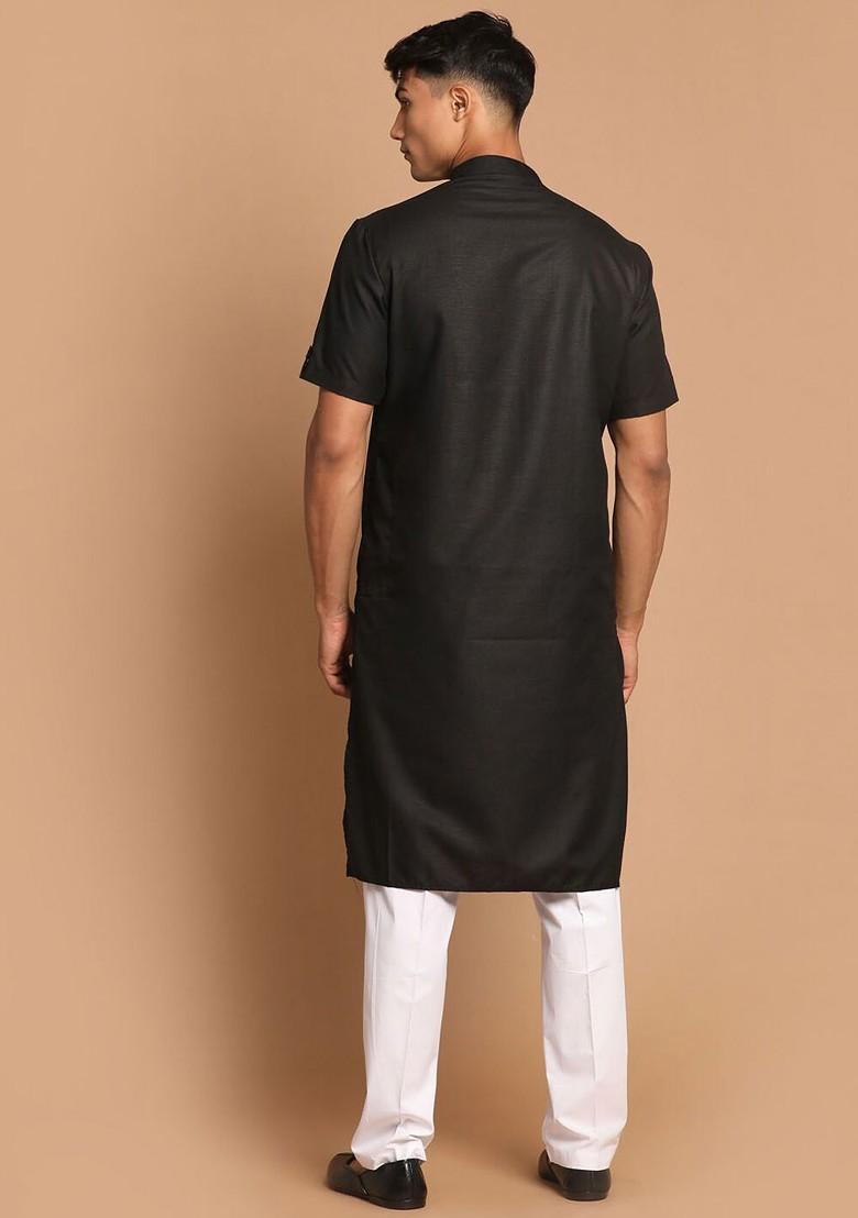 Black Solid Poly Blend Kurta Set For Men