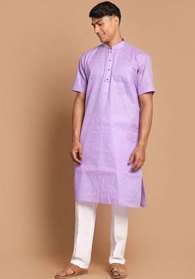 Purple Solid Poly Blend Kurta Set For Men