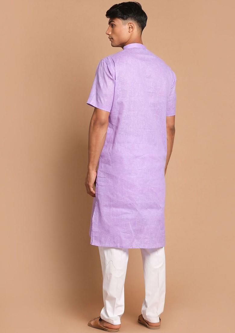 Purple Solid Poly Blend Kurta Set For Men