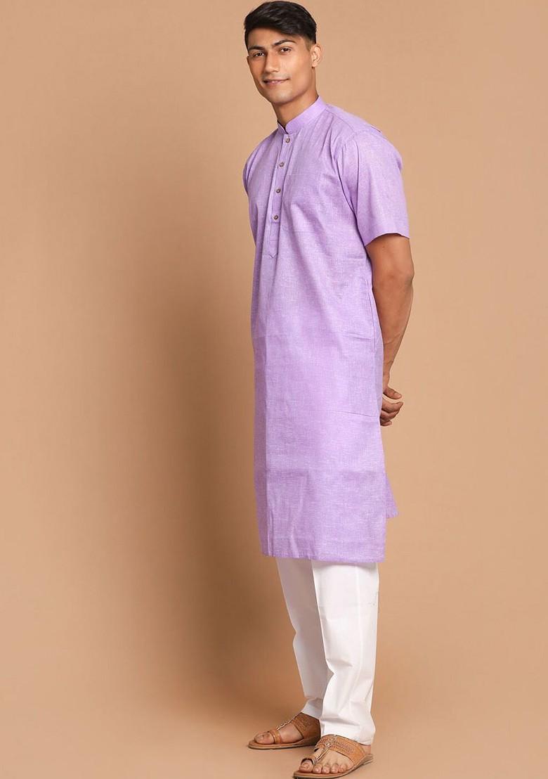 Purple Solid Poly Blend Kurta Set For Men