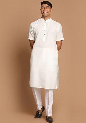 Cream Solid Poly Blend Kurta Set For Men