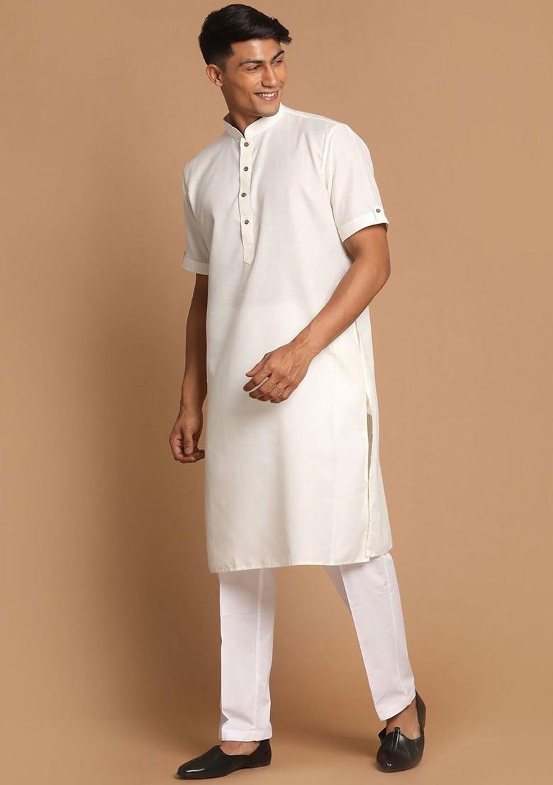 Cream Solid Poly Blend Kurta Set For Men