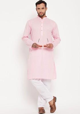 Pink Solid Poly Blend Kurta Set For Men