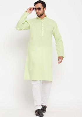 Green Solid Poly Blend Kurta Set For Men