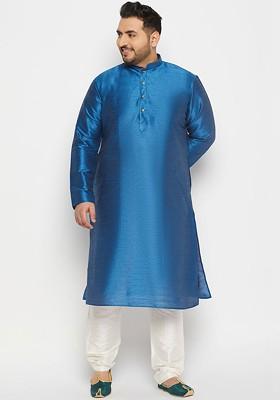 Turquoise Blue Solid Poly Blend Kurta Set For Men