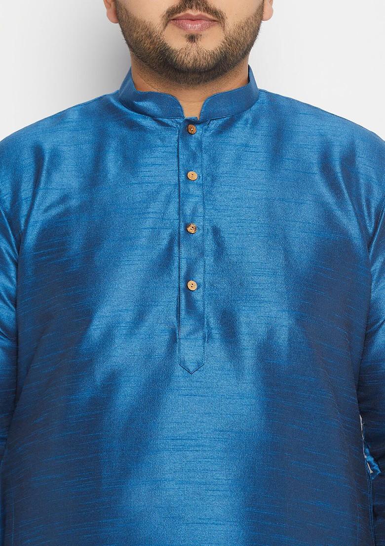 Turquoise Blue Solid Poly Blend Kurta Set For Men