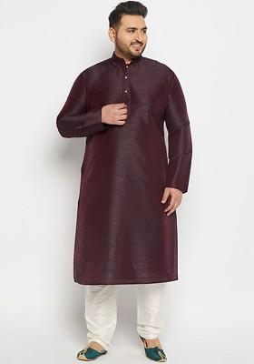 Burgundy Solid Poly Blend Kurta Set For Men