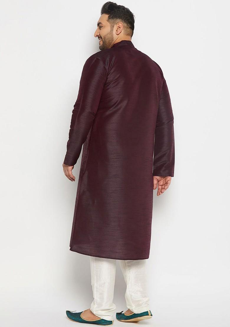 Burgundy Solid Poly Blend Kurta Set For Men