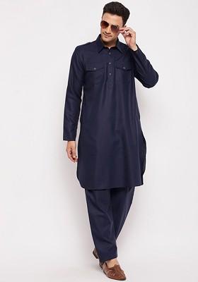 Navy Blue Solid Pathani Kurta Set For Men