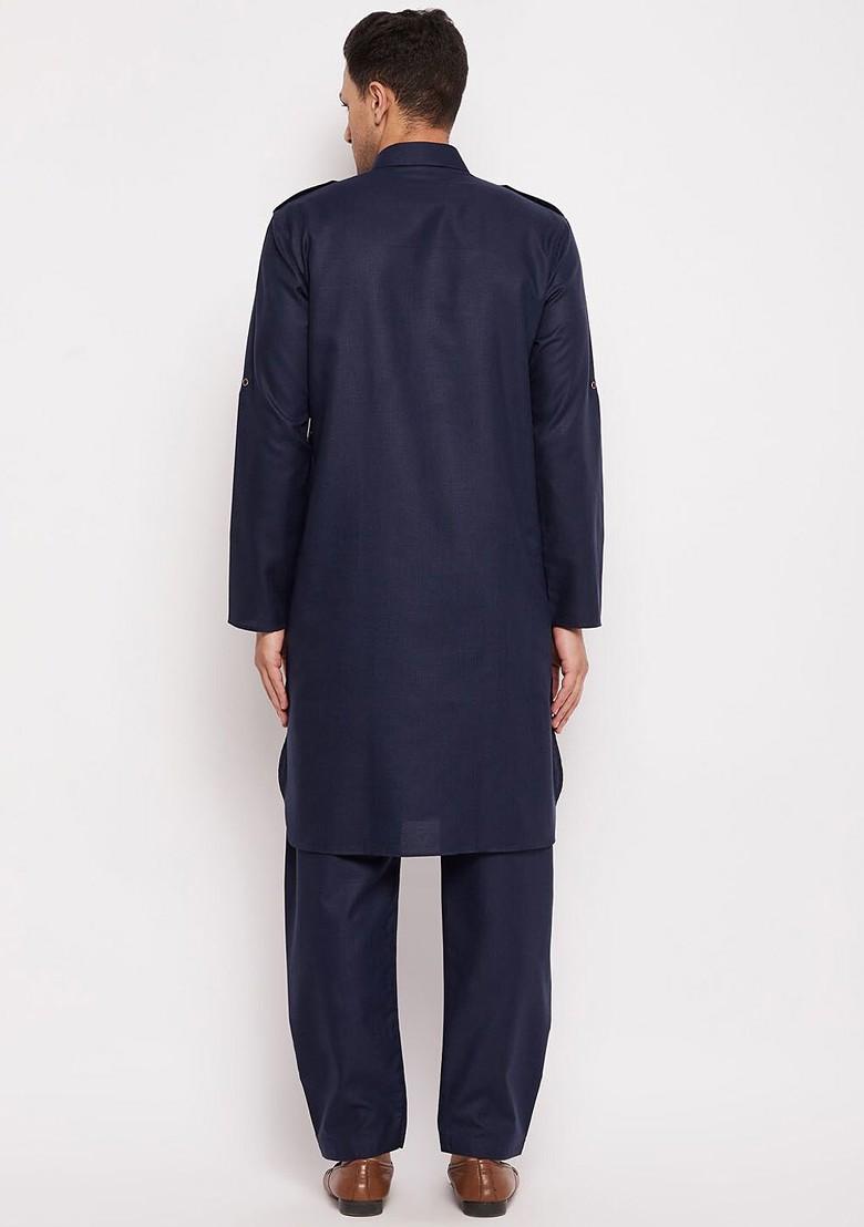 Navy Blue Solid Pathani Kurta Set For Men