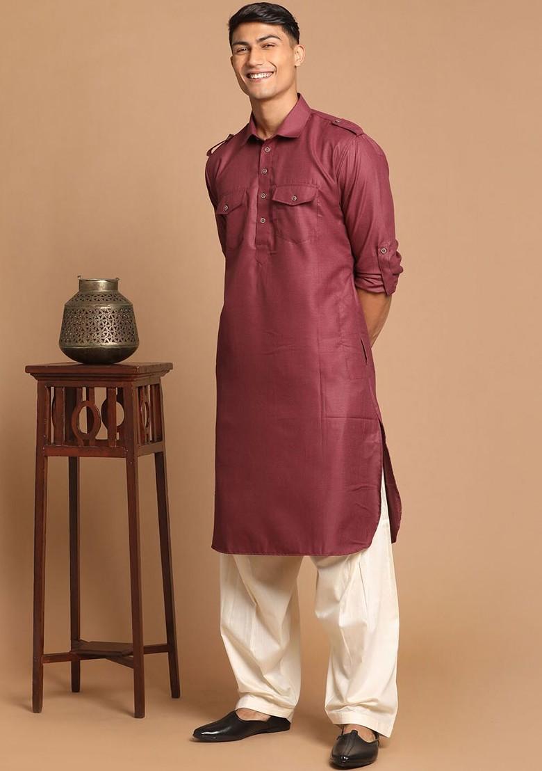 Burgundy Solid Pathani Kurta Set For Men