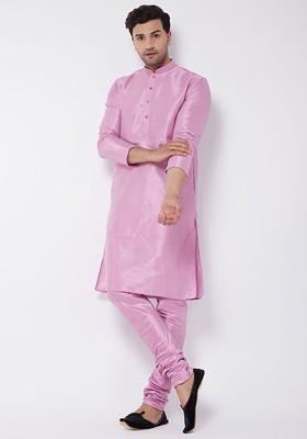 Pink Solid Poly Blend Kurta Set For Men