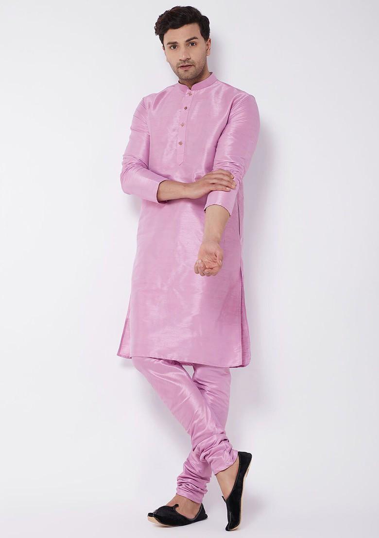 Pink Solid Poly Blend Kurta Set For Men