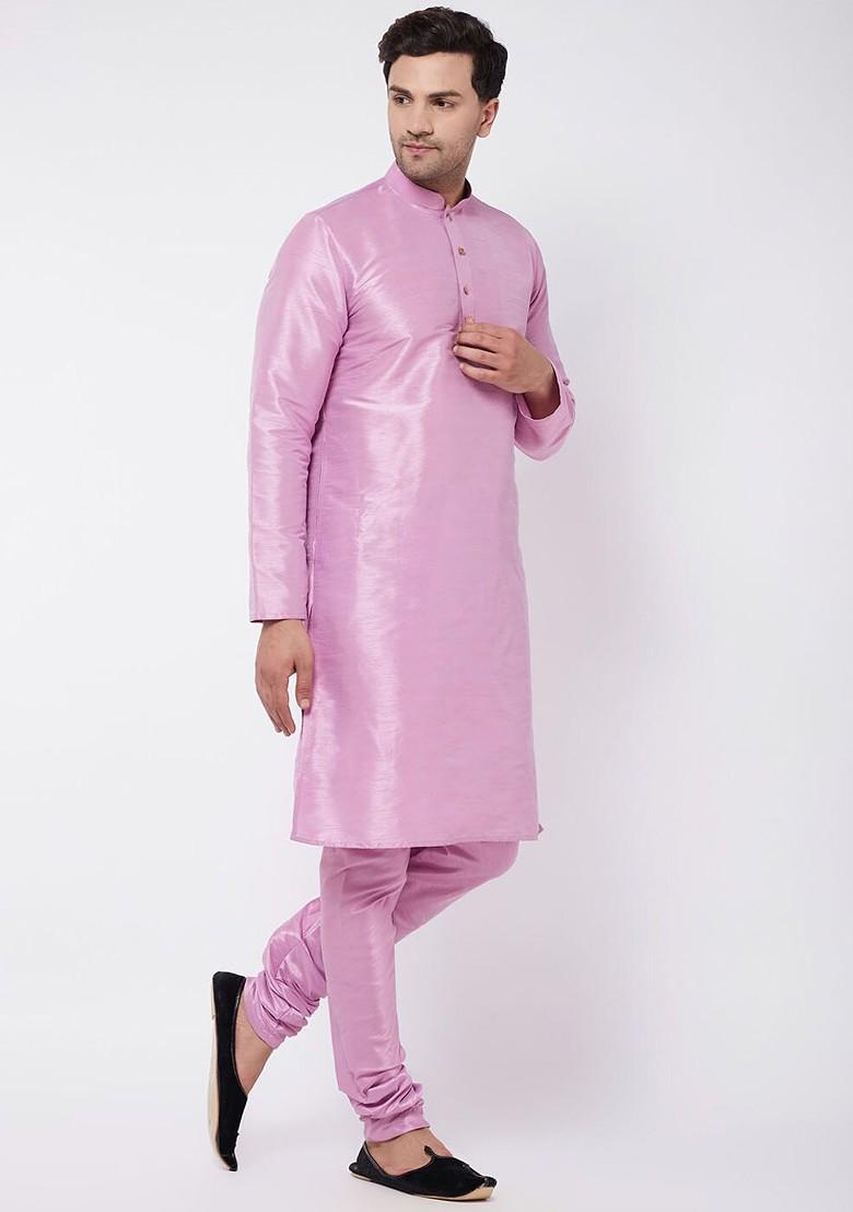 Pink Solid Poly Blend Kurta Set For Men