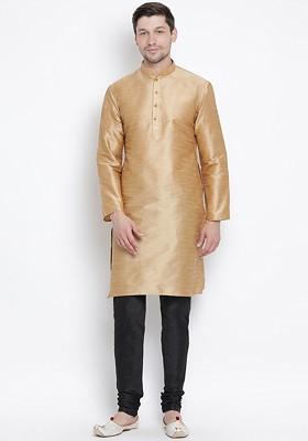 Gold Solid Poly Blend Kurta Set For Men