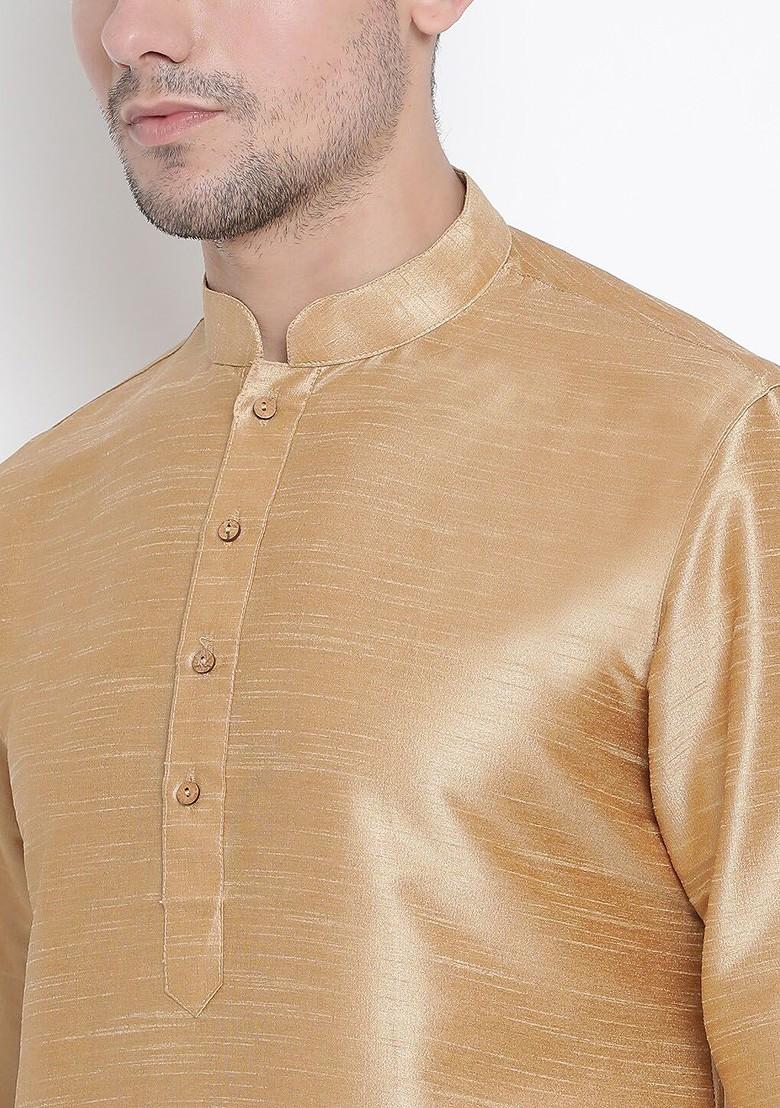Gold Solid Poly Blend Kurta Set For Men