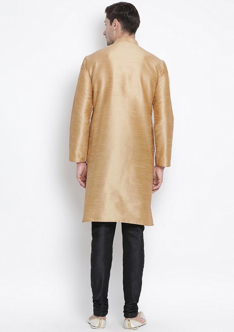 Gold Solid Poly Blend Kurta Set For Men