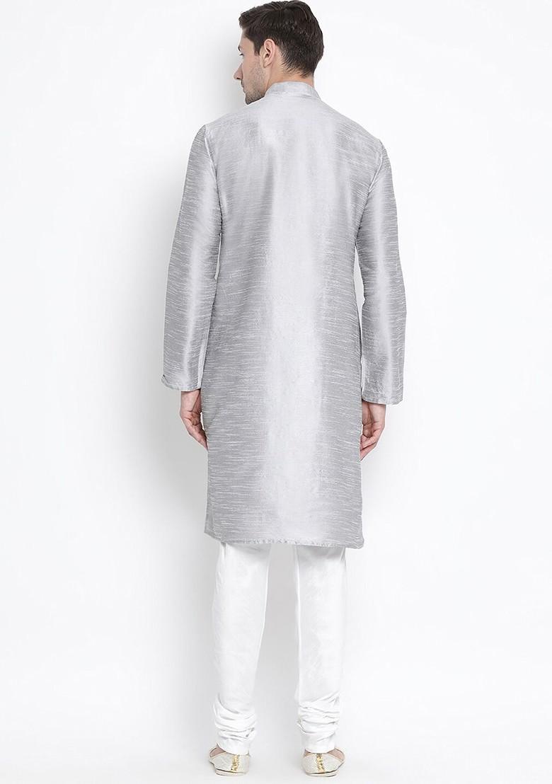 Grey Solid Poly Blend Kurta Set For Men